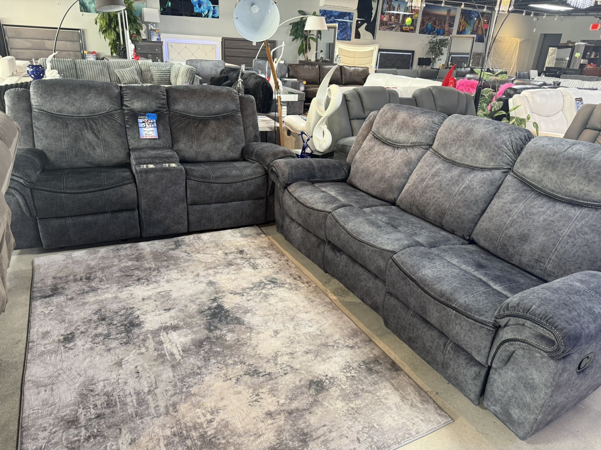 Grey Microfiber 2 Pc Sofa And Love Reclining With Drop Down Console Only $1399