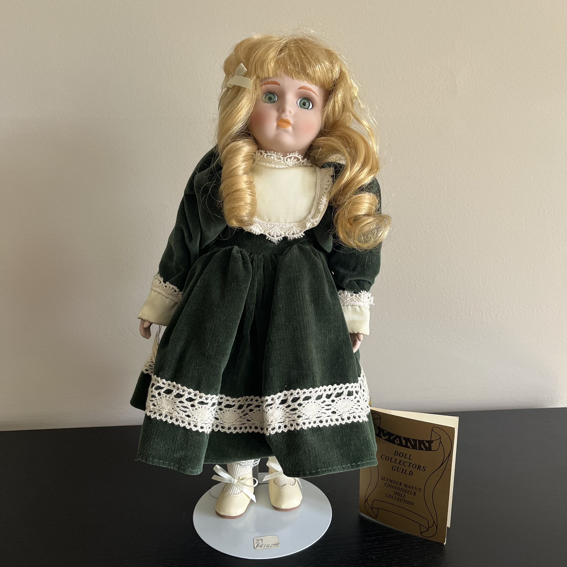 Seymour Mann Connoisseur Porcelain Doll Brigitte 1990s. Approximately 14” tall. Used for display only, in beautiful condition with minimal signs of us