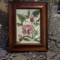 Vtg HandPainted Pink&Green Floral On Canvas Signed 5X7” In A 7.5X9.5” Wood Frame