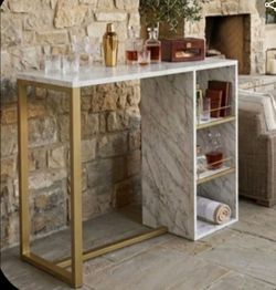 Faux Marble Top Bar Console Table with Gold Frame