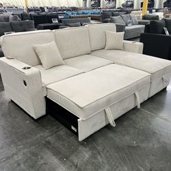 Beige corduroy sectional sleeper sofa with pull out bed 