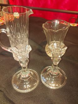 CRYSTAL VASE AND 2 CANDLE HOLDERS AND MINI PITCHER ALL CRYSTAL  $15.00