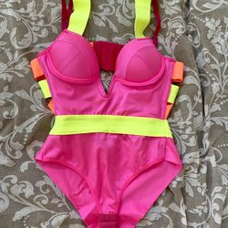 Neon Pink Yellow Orange Bodysuit Size XS