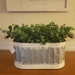 Beautiful Metal Galvanized Pot With Faux Eucalyptus Plant.  L 18.31 X W 7.32 X H 12 In. New