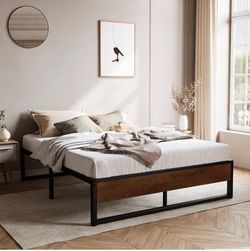 New in box -14'' Full Size Metal Platform Bed Frame with Rustic Wood & Reverse Holes/Ample Under-Bed