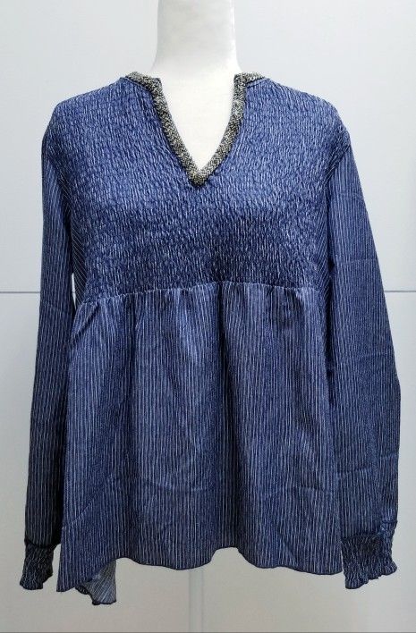 Blue Stripe Beaded Collar Top L