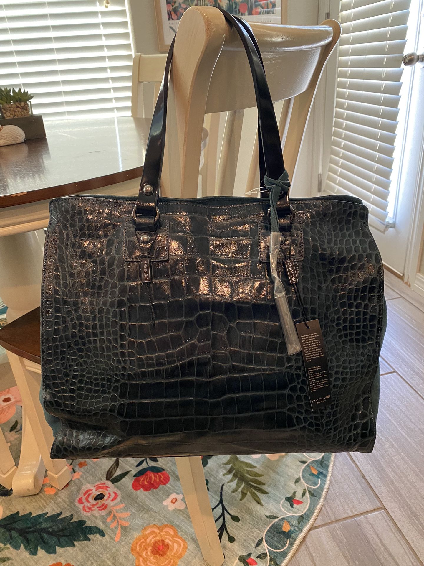Large Italian Leather Navy Handbag