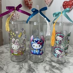 Hello Kitty , Sanrio  Kids Cup Set of 3 | BPA-Free Plastic Cups w/ Straw   