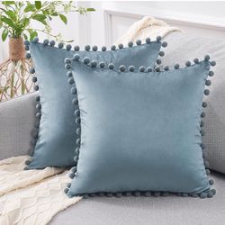 Decorative Throw Pillow Covers 16 x 16 Inch Soft Particles Velvet Solid Cushion Covers with Pom-poms for Couch Bedroom Car 40 x 40 cm, Pack of 2, Grey