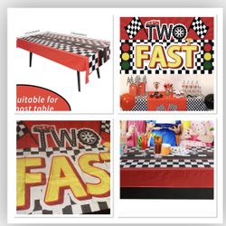 Racing Theme 2nd Birthday Party Backdrop Decorations Sign & 3pcs Race Car Tablecloth 