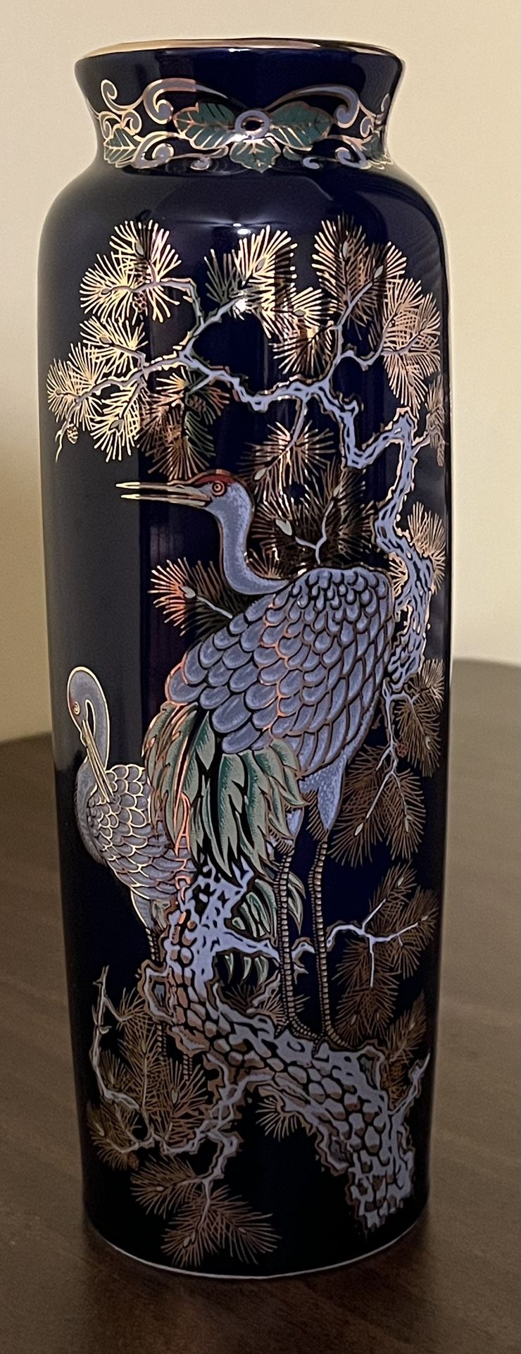 Vintage Davar Originals Japan Cobalt Blue Vase Cranes Pine Tree Gold Accents 11”