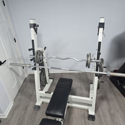 Nautilus Bench With Curl Bar And 7' Pro Bar +240 Lbs Weider Plates