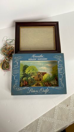 Hiawatha Heirloom Embroidery Kit 1940s Needlework Kit Frame Linen Floss Needle Shakespeare’s Garden