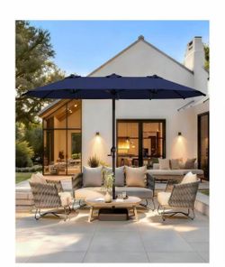T) 15ft Patio Umbrella with Large Double Sided Outdoor Rectangular Umbrella with Easy Crank for Pool, Garden and Terrace - Navy Blue $60