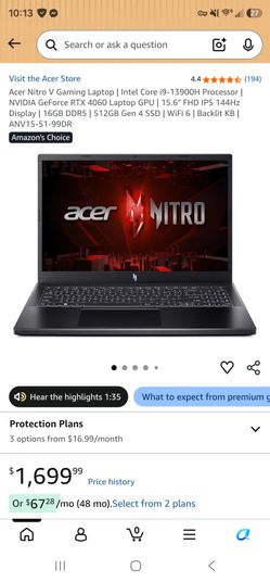 Acer Nitro V 15 Gaming Laptop i9 13th gen, 4060 8gb vram, 16gb ddr5, 144 hz screen