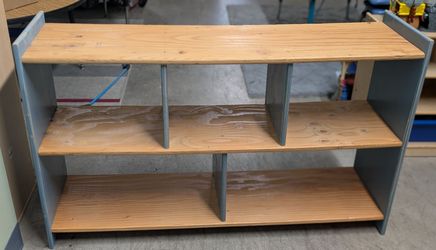 Handcrafted Solid Wood Storage Shelf with Blue Accent Panels