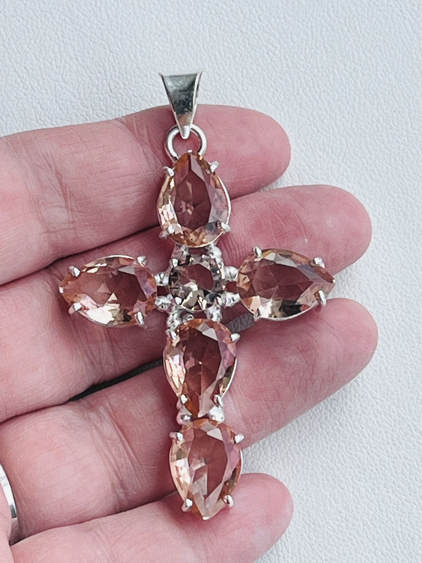 Cross Morganite Crystal Quartz Sterling Silver 2.3” Necklace Pendant