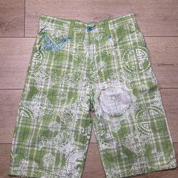 Pepe Jeans London shorts are a green and teal plaid, all-over graphic style, likely from the Y2K era