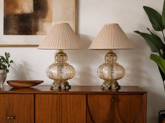 Vintage Amber Glass Table 3 Way Lightup Lamps Pair – Hollywood Regency w/ Pleated Shades