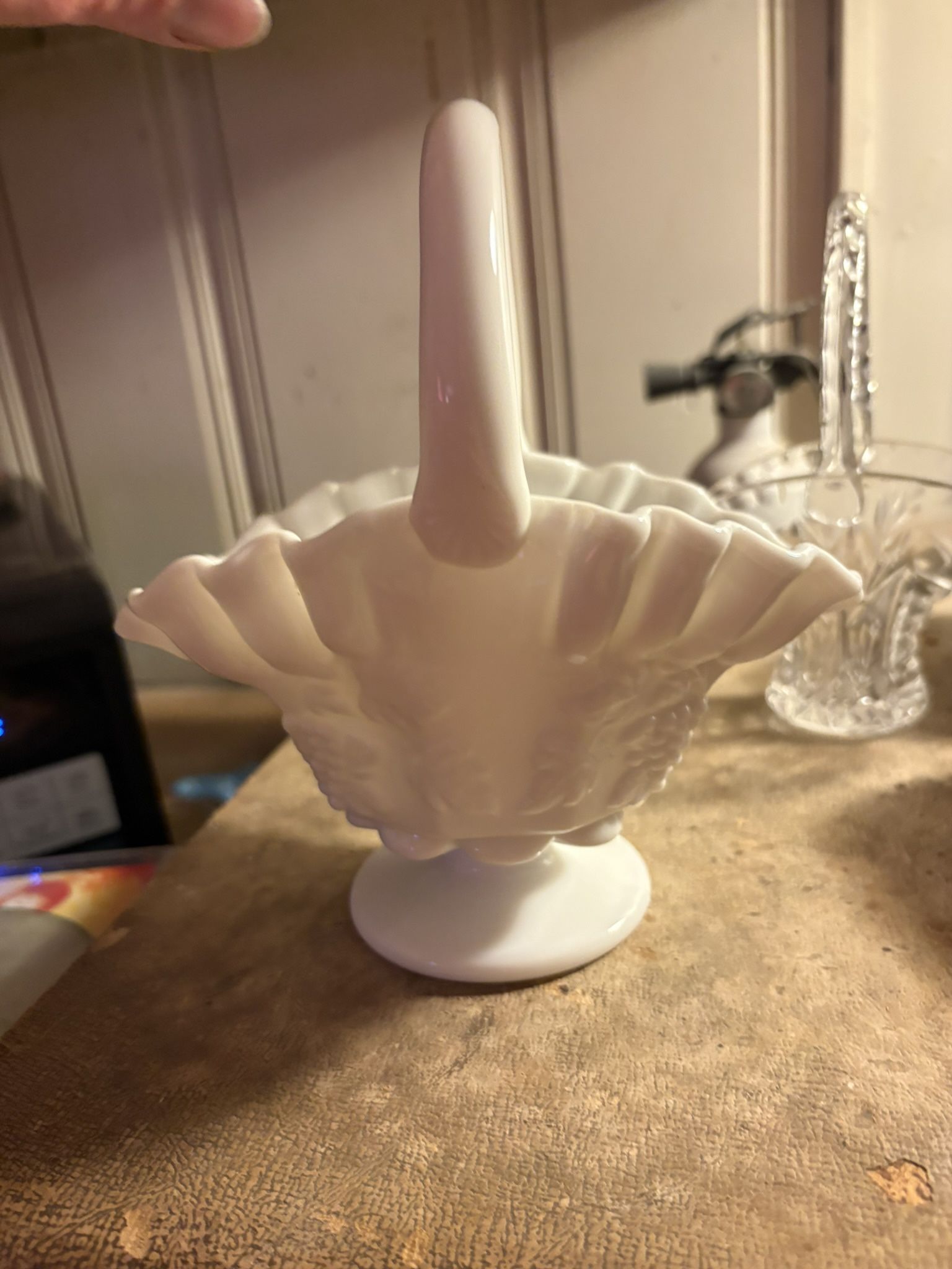 Westmoreland Milk Glass Paneled Grape Small Oval Basket.