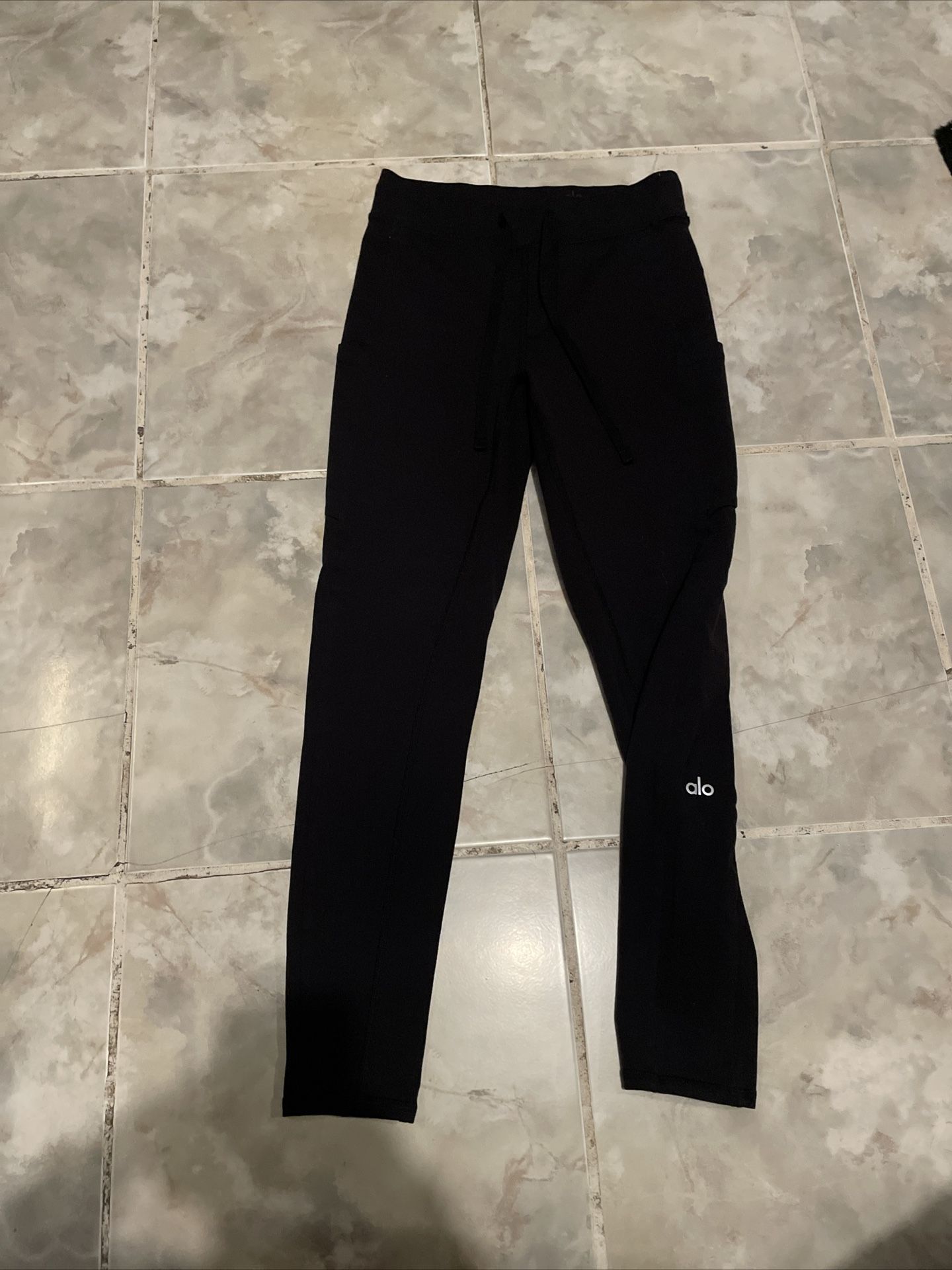 Alo Yoga Women’s Black Drawstring Carbo Leggings SZ XS Stretch Side Pockets