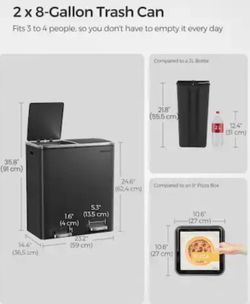 2 x 8 Gallon Garbage Trash Can 2 Compartments Foot Pedal Soft Close Lid - Black