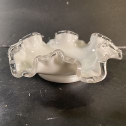 FENTON Vintage Milkglass Silver Crest Ruffled-Edge Candy/Trinket Dish (Diameter: 6”)