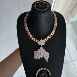 16MM 22” + Custom Lock / 3 Inch VS1 Moissinate Pendant, 14K Rose Gold over 999 Silver, Cuban Link Chain / Pendant