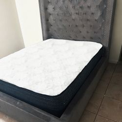 Vera Dream Grey Buttons Tufted 68"H Queen Upholstered Shelter Platform Bed 