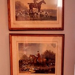 2 colored, framed equestrian illustration antique prints