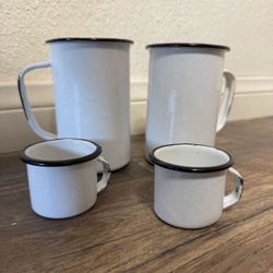 2 Large coffee cups mugs and 2 espresso cups. Tin and enamel white and black. Camping/beach. 
