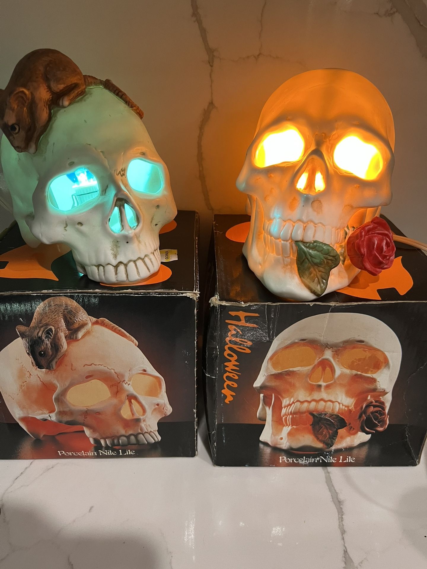 Vintage set of 2 Halloween Porcelain Skull light up Night Lights nite lite