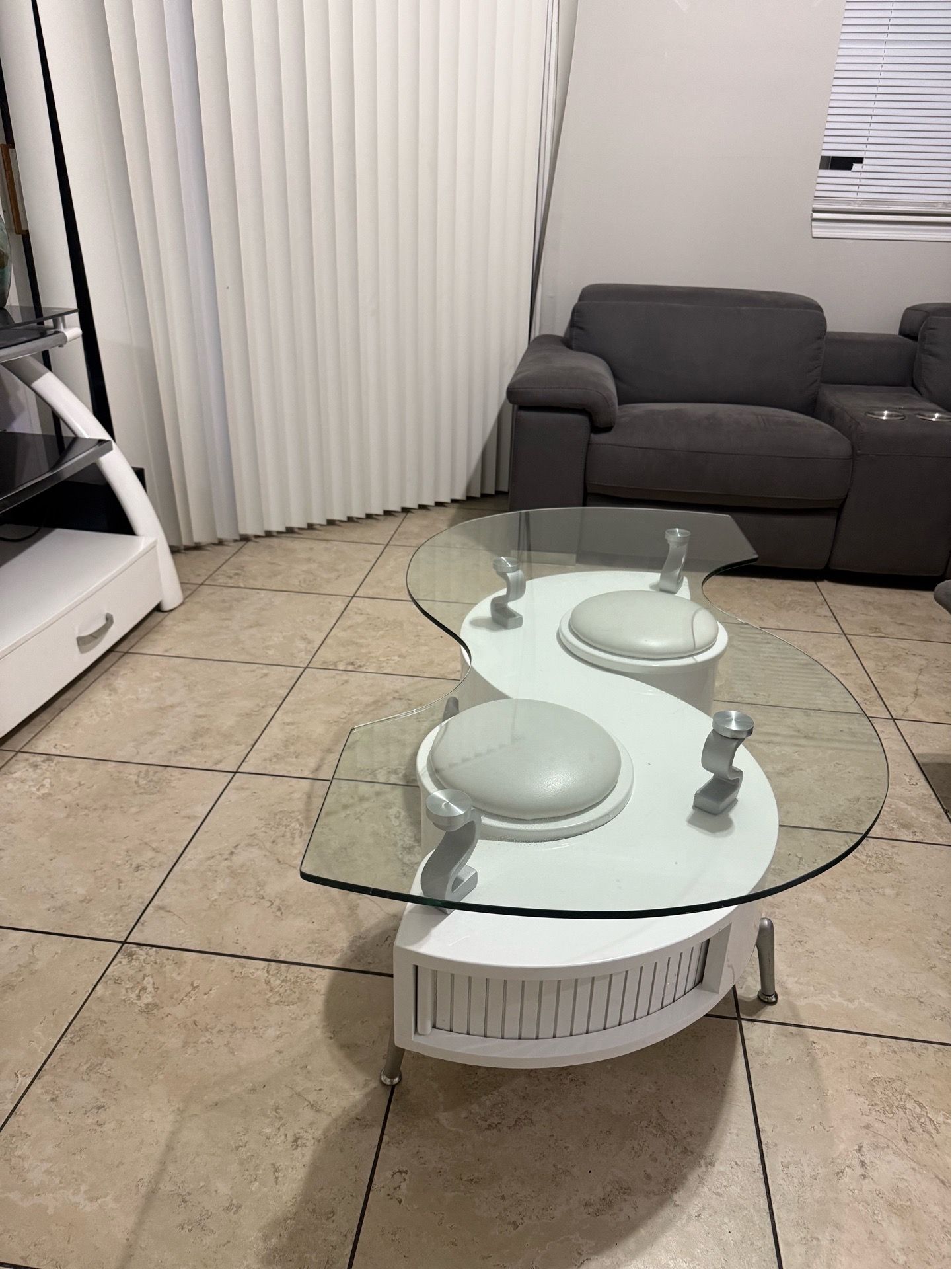 Catchy & Feature-focused): Modern S-Shaped Glass Coffee Table Set with 2 Nesting Ottomans