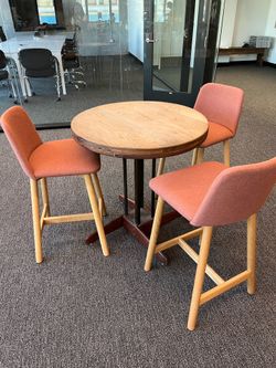 3 Rustic Round Cafe Tables + 8 Upholstered Pink Counter Height Chairs