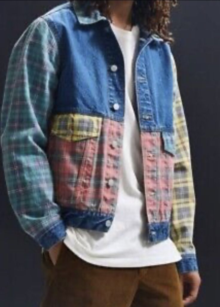 $15 Urban Outfiitters Mens Printed Multi Color Blo ck I Denim Trucker Jacket Multicolor/ Large