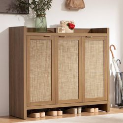 1555a  Shoe Storage Cabinet, 30 Pairs Rattan Shoe Cabinet Storage for Entryway, 6-Tier 41" Tall Large Shoe Cabinet, Boho Farmhouse Cabinet with Doors 