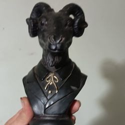 $35 VINTAGE WOODEN  MOUNTAIN GOAT HEAD W MAN'S BODY 8"INCH TALL BUST STATUE. ORIGINAL NOT THE MODERN CHEAP PLASTER ONE. THIS IS MADE OF WOOD!