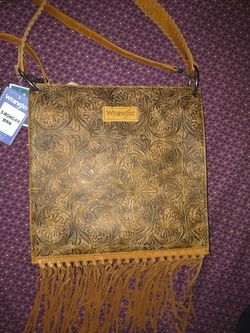 NWT LEATHER WRANGLER BROWN FRAYED Stringly PURSE & Small Brown Frayed Stringly  Clutch (purse NOT pocketbook meaning NOT flat) With Stone = $80