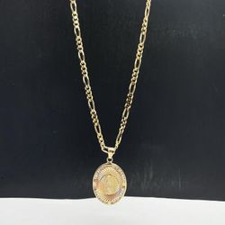 14k solid Gold fígaro and Virgen maria tri tone charm , necklance gold pendant