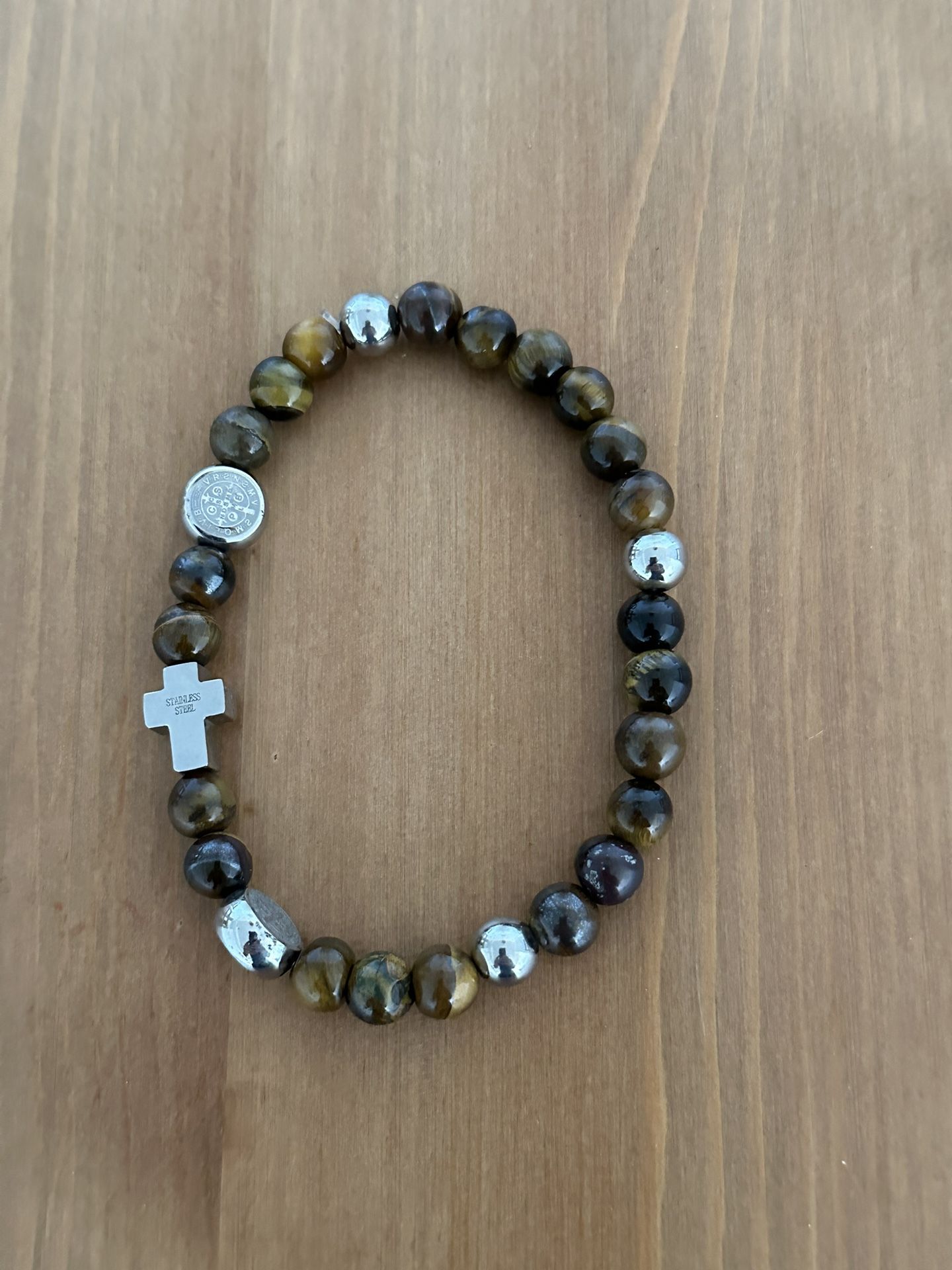 Tiger’s Eye Saint Benedict Bracelet Cross Charm Catholic Protection Stretch Beads