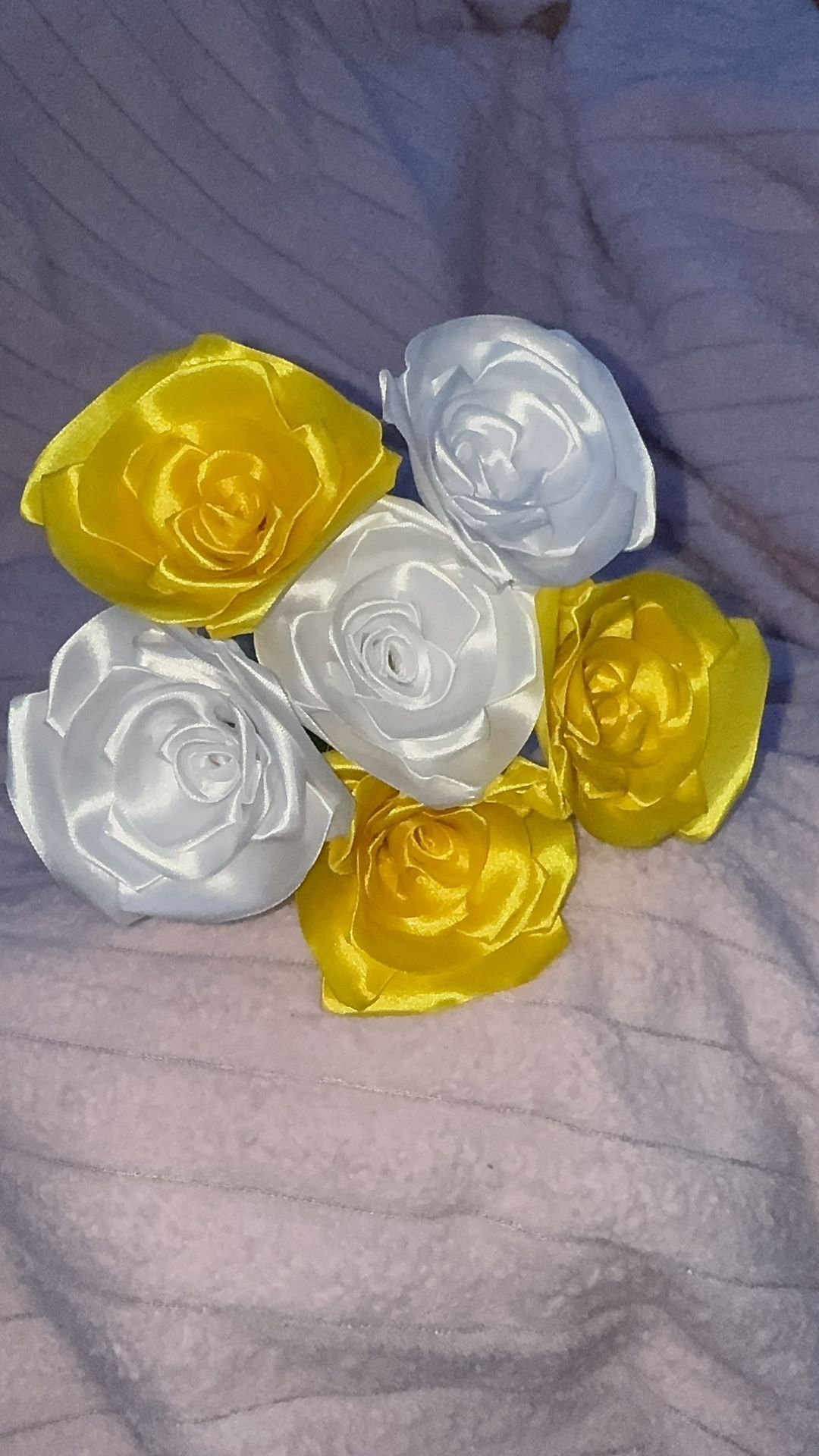 6 Yellow And White Ribbon Roses 