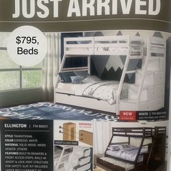 White (Twin /  Full / Twin) Wooden Bunkbed With Storage, Both Nice Mattresses Included  👈🏼 