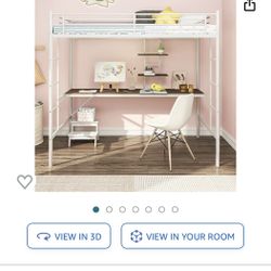 IKIFLY Twin Size Loft Bed with Desk & Storage Shelves, MetalBed Frame With Ladders