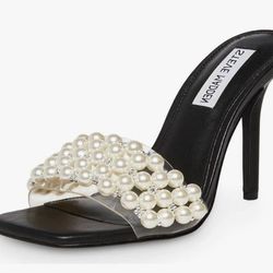 Steve Madden Sift Black Pearl Bead Fashion Embellished Vamp Heeled Sandals