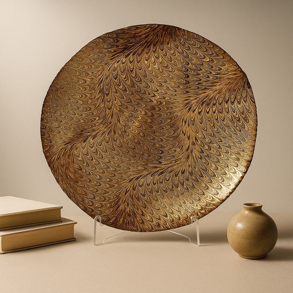 Studio Art Glass Y2K Contemporary Charger Dish Bowl Marbled Feather Pattern, 15.75” Pristine vintage condition - no signs of use, defects or damages.