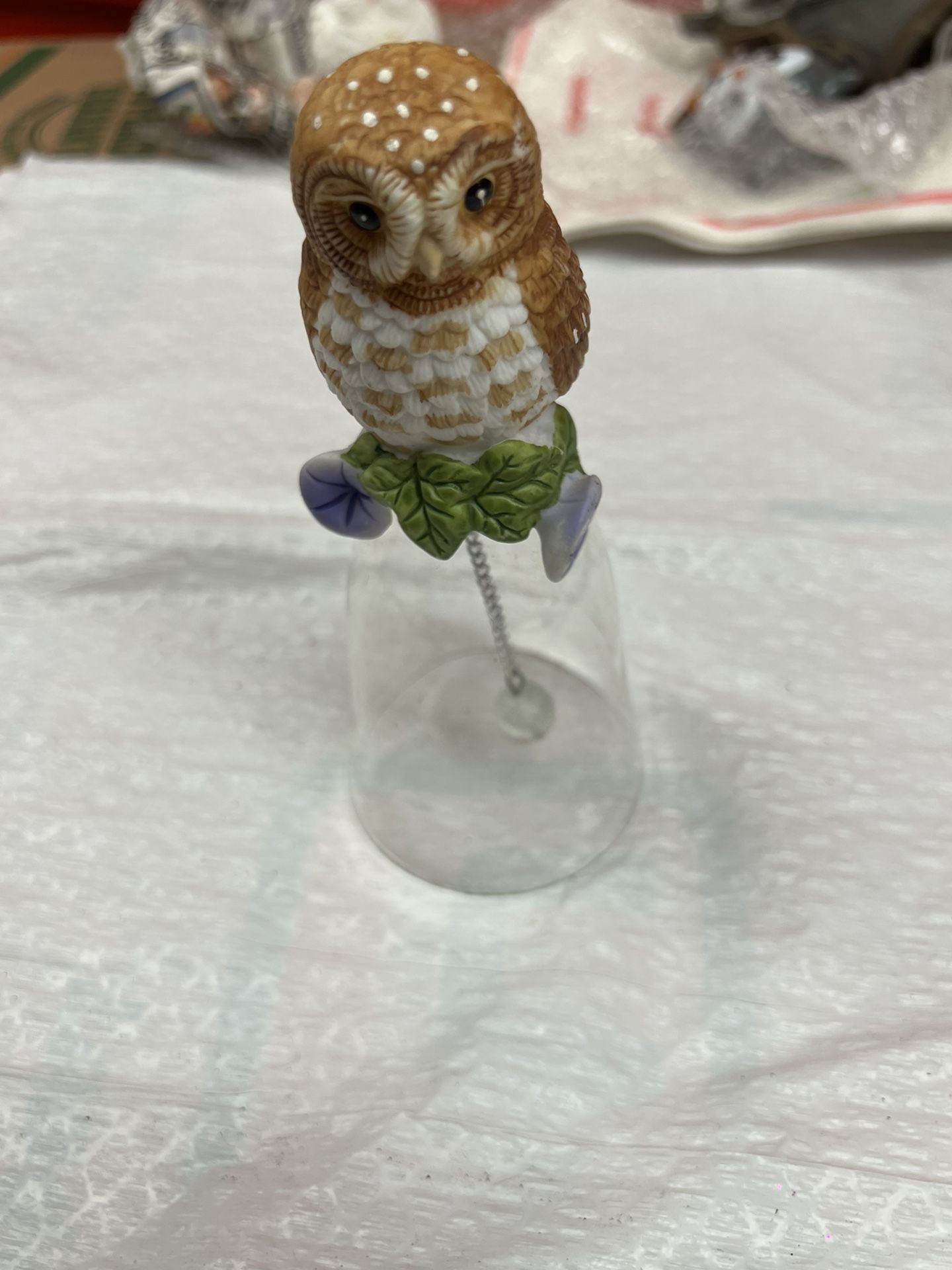 Vintage porcelain Owl Bell, clear glass bottom
