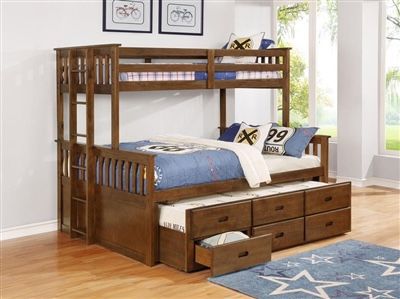 New XL Twin Over Queen Walnut Finish Wood Bunk Bed With Trundle & Drawers + 2 Mattresses