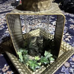 Metal Candle Holder With Glass Hurricane And Tray