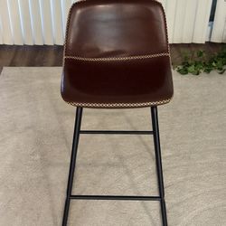 Set of 4 Modern Faux Leather Bar Stools — Like New | 26” Seat Height | Brown Saddle Seat + Black Metal Frame