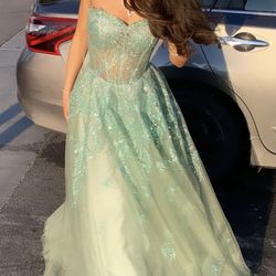 Light Green/ Teal, Petite Sized Prom Dress. 